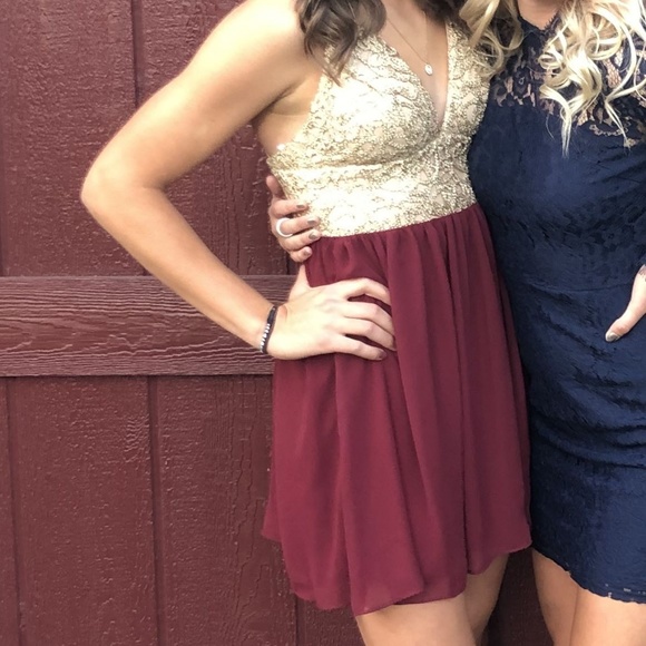 Gold and Maroon v-neck chiffon homecoming dress - Picture 2 of 2